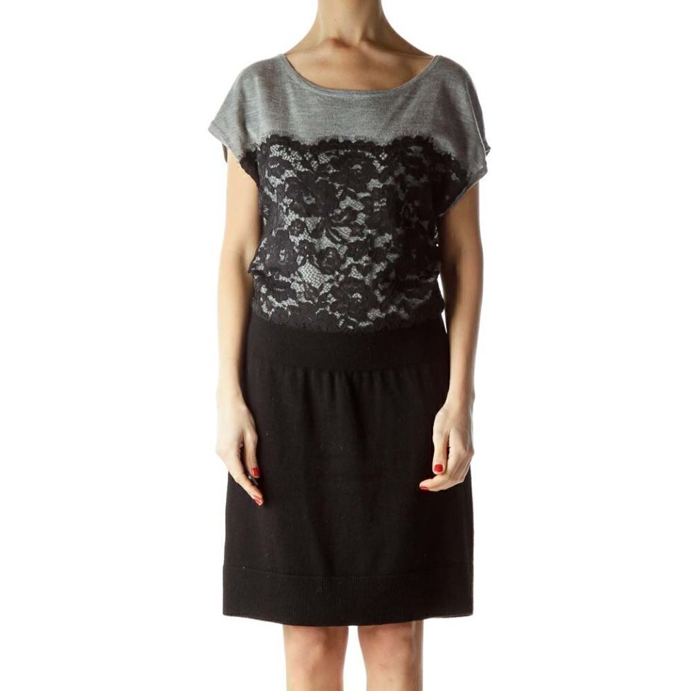 LOFT Gray Black Lace Knit Dress